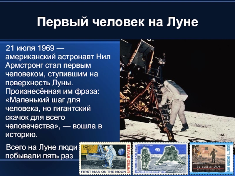 Первый человек на Луне 21 июля 1969 — американский астронавт Нил Армстронг стал первым человеком, ступившим на