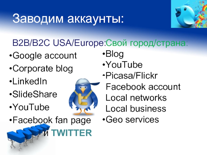 Заводим аккаунты: B2B/B2C USA/Europe: Google account Corporate blog LinkedIn SlideShare YouTube Facebook fan page 			и TWITTER Свой