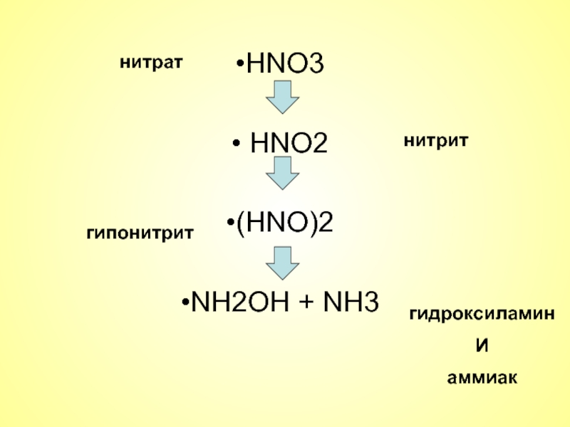 HNO3    HNO2  (HNO)2   NH2OH + NH3    нитрат нитрит