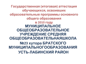 МУНИЦИПАЛЬНОЕ ОБЩЕОБРАЗОВАТЕЛЬНОЕ УЧРЕЖДЕНИЕ СРЕДНЯЯ ОБЩЕОБРАЗОВАТЕЛЬНАЯШКОЛА
№23 хутора БРАТСКОГО МУНИЦИПАЛЬНОГООБРАЗОВАНИЯ 
 УСТЬ-ЛАБИНСКИЙ РАЙОН