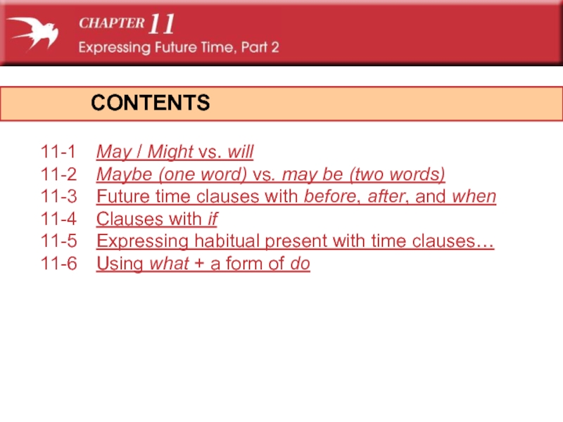       11-1	May / Might vs. will 11-2	Maybe (one word) vs. may be (two words) 11-3	Future