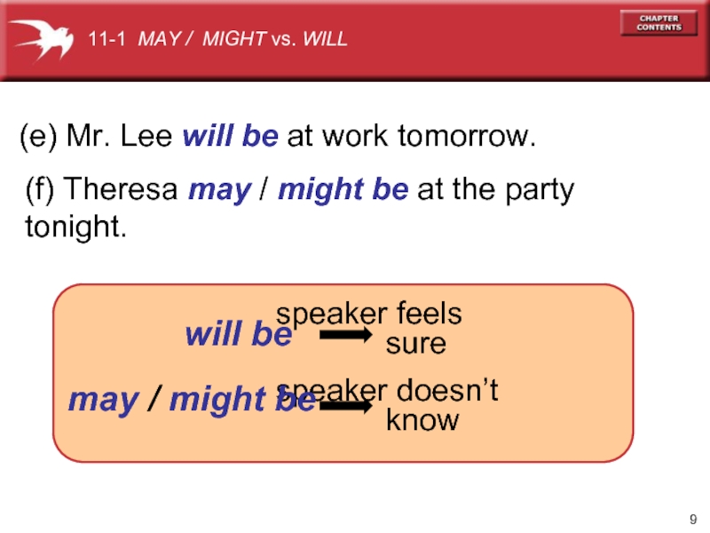 (e) Mr. Lee will be at work tomorrow. (f) Theresa may / might be at the party