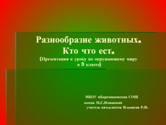 Разнообразие животных.Кто что ест.(Презентация к уроку по окружающему миру в 3 классе)                              МБОУ Березниковская СОШ                         имени М.Г.Имашева                                               учитель нач.классов Илькаев