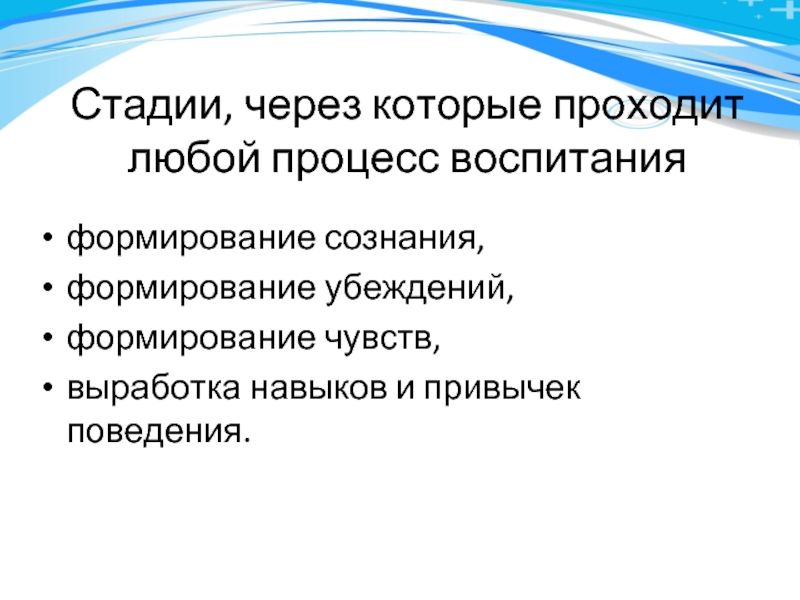 Любой процесс. Главные стадии любого процесса воспитания:. Стадии формирования убеждений поведения. Стадии выработки навыка. Этапы воспитательного процесса.