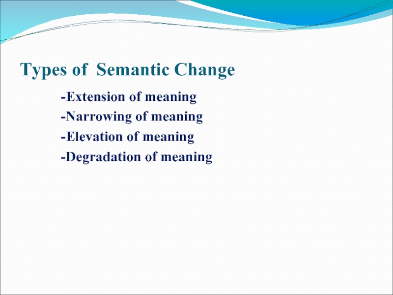 Types of Semantic Change -Extension of meaning -Narrowing of meaning -Elevation of meaning -Degradation of meaning