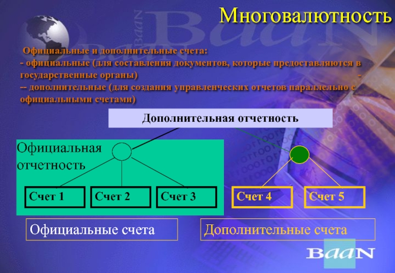 Дополнительные счета. Дополняющие счета. Уровни управления - отчетность формальная информация. Многовалютность.