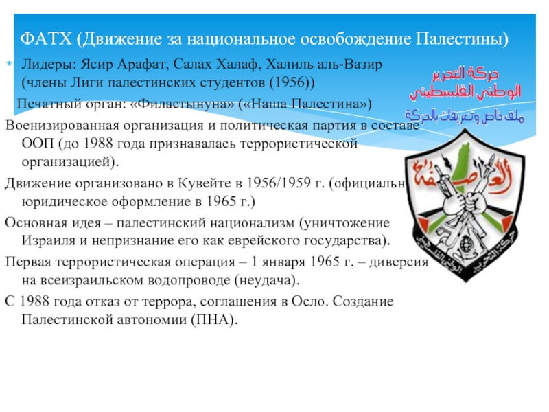 Доклад: Палестинское движение сопротивления. Организация освобождения палестины