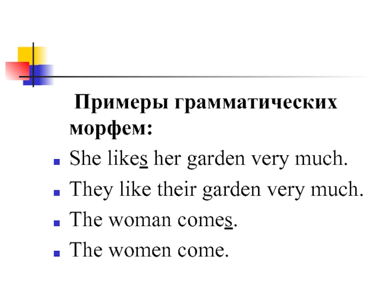 Примеры грамматических морфем: She likes her garden very much.	 They like their