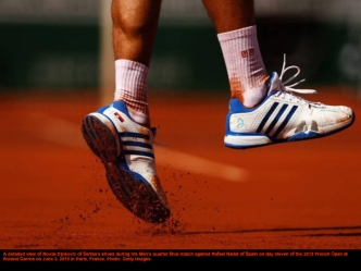 A detailed view of Novak Djokovic of Serbia's shoes during his Men's quarter final match against Rafael Nadal of Spain on day eleven of the 2015 French Open at Roland Garros on June 3, 2015 in Paris, France. Photo: Getty Images