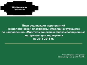 План реализации мероприятий 
 Технологической платформы Медицина будущего по направлению Многокомпонентные биокомпозиционные
 материалы для медицины 
на 2011-2013 гг.
________________________________________________________