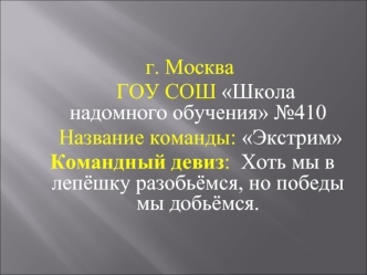 г. Москва
      ГОУ СОШ Школа надомного обучения №410
    Название команды: Экстрим
 Командный девиз:  Хоть мы в лепёшку разобьёмся, но победы мы добьёмся.