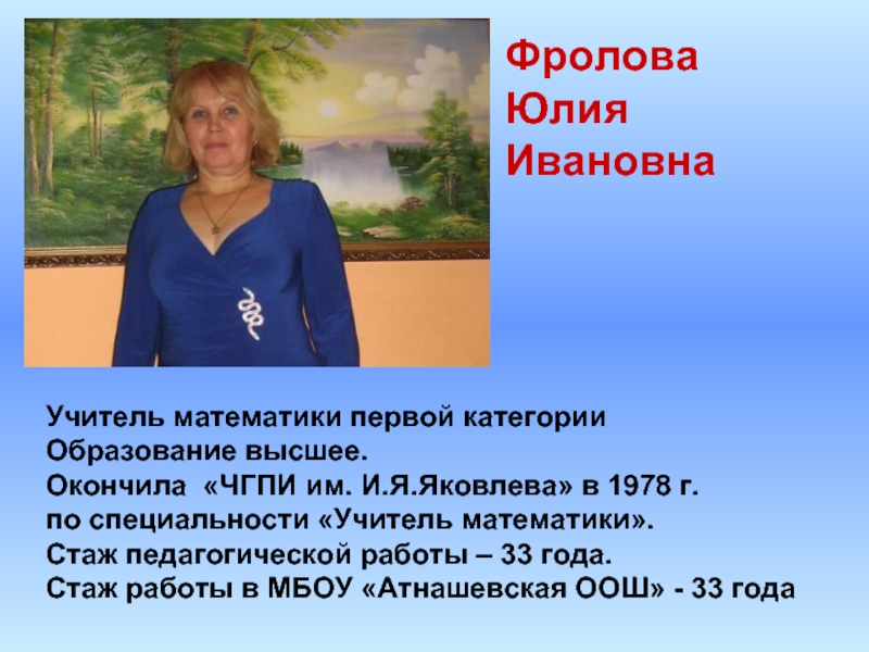 1 категория учителя. Фролова Юлия Ивановна. Презентация учителя на высшую категорию. Юлия Ивановна учитель. Темы для аттестации учителя математики.