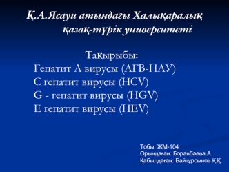 Гепатит А вирусы (АГВ-НАУ), С гепатит вирусы (НСV), G - гепатит вирусы (НGV), Е гепатит вирусы (НЕV)