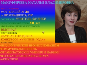 МАНУФРИЧЕВА НАТАЛЬЯ ВЛАДИМИРОВНА

МЕСТО РАБОТЫ: 
МОУ ЛИЦЕЙ № 3 
г. ПРОХЛАДНОГО, КБР
ДОЛЖНОСТЬ: УЧИТЕЛЬ ФИЗИКИ 
ПЕДАГОГИЧЕСКИЙ СТАЖ: 18 лет
КВАЛИФИКАЦИОННАЯ КАТЕГОРИЯ: 
ВЫСШАЯ
ДОСТИЖЕНИЯ: 
ЛАУРЕАТ ГОРОДСКИХ 
КОНКУРСОВ УЧИТЕЛЬ ГОДА
КАЧЕСТВА:
ПЕДАГОГИЧЕСКИЙ 