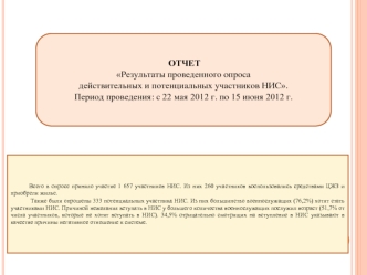 ОТЧЕТ 
Результаты проведенного опроса 
действительных и потенциальных участников НИС. 
Период проведения: с 22 мая 2012 г. по 15 июня 2012 г.