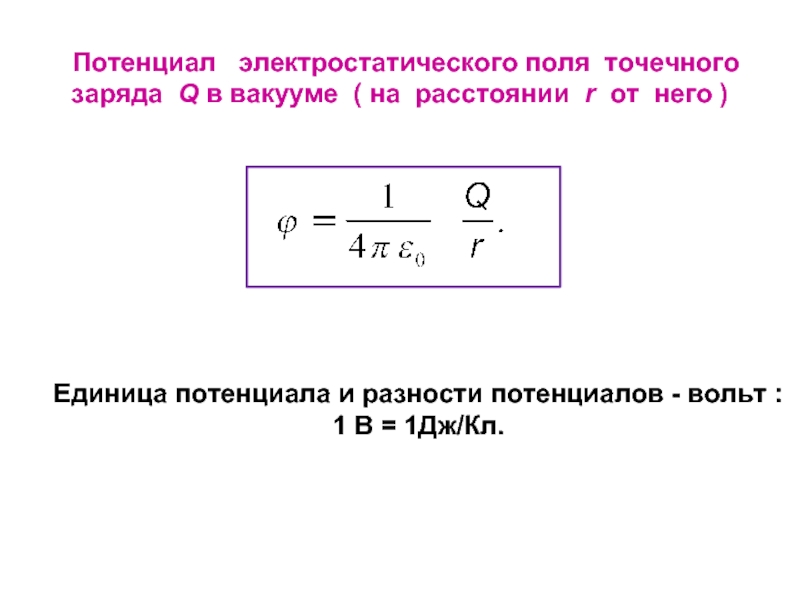 Точечный заряд электростатическом поле. Потенциал электростатического поля точечного заряда. Потенциал электростатического поля в вакууме. Единицы потенциала электростатического поля. Потенциал уединенного точечного заряда.