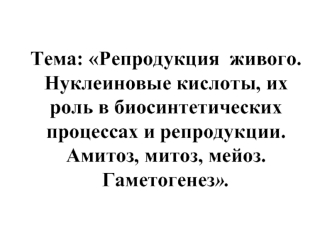 Репродукция живого. Нуклеиновые кислоты, их роль в биосинтетических процессах и репродукции. Амитоз, митоз, мейоз. Гаметогенез