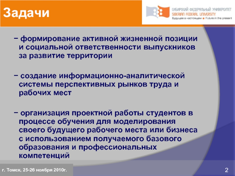 Задачи − формирование активной жизненной позиции и социальной ответственности выпускников за развитие территории − создание