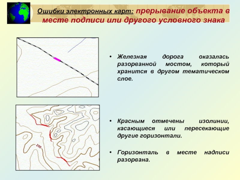 Ошибки электронных карт: прерывание объекта в месте подписи или другого условного знака Железная дорога оказалась разорванной мостом,