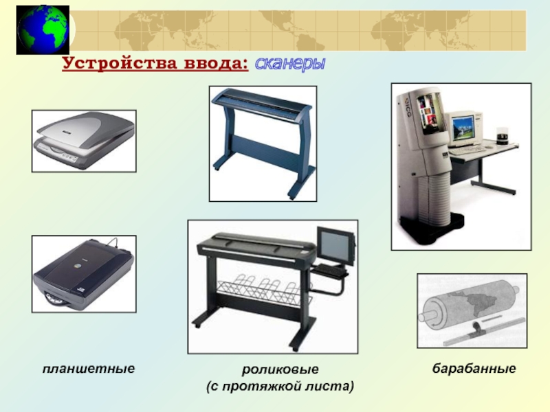 роликовые  (с протяжкой листа)  Устройства ввода: сканеры планшетные барабанные