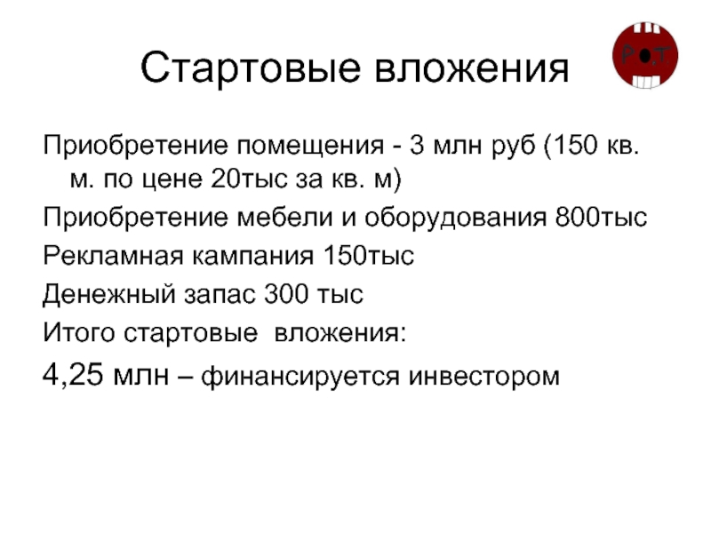 Стартовые вложения Приобретение помещения - 3 млн руб (150 кв. м. по цене 20тыс за кв. м)