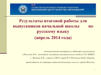 Результаты итоговой работы для выпускников начальной школы        по русскому языку 
(апрель 2014 года)



Аналитические материалы к вебинару подготовили:
Киселева Н.А., методист экспертно-аналитического отдела ГАУ МЦКО,
  Волкова Е.В., учитель ГБОУ лицей