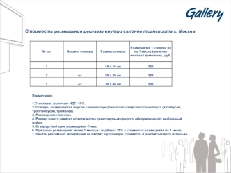 Стоимость размещения рекламы внутри салонов транспорта г. Москва