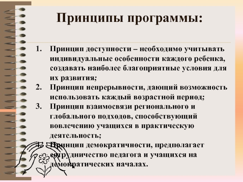 Принципы программы. Принцип доступности программ ребёнку. Принцип доступности программ Логинова.