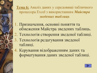 Аналіз даних у середовищі табличного процесора Excel з використанням майстра зведених таблиць. (Лекция 2.6)