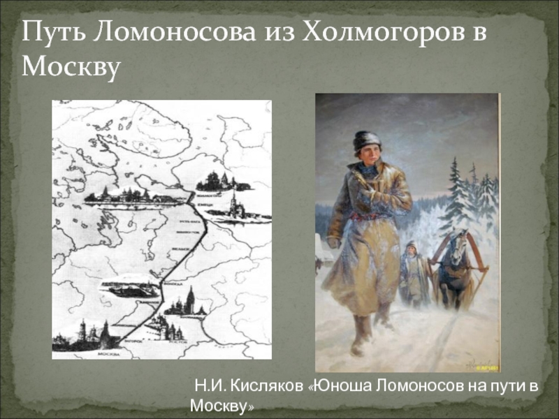 Ломоносов из холмогоров в москву. Кисляков Ломоносов на пути в Москву. Н. И. Кисляков. «Ломоносов на пути в Москву». 1948.. Ломоносов путь в Москву. Картина Ломоносов идет в Москву.