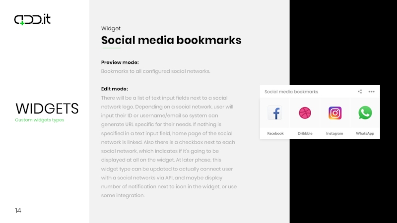 14Preview mode:Bookmarks to all configured social networks.Edit mode:There will be a