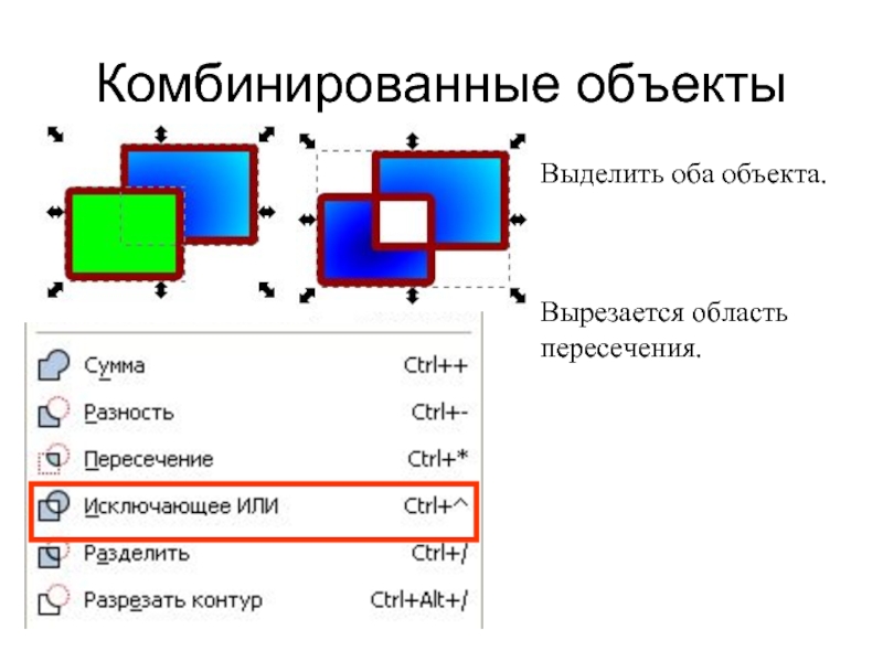 Область пересечения. Выделение объектов в информатике. Действия с выделенным объектом. Как выделить оба объекта в презентации. Комбинированный объект.