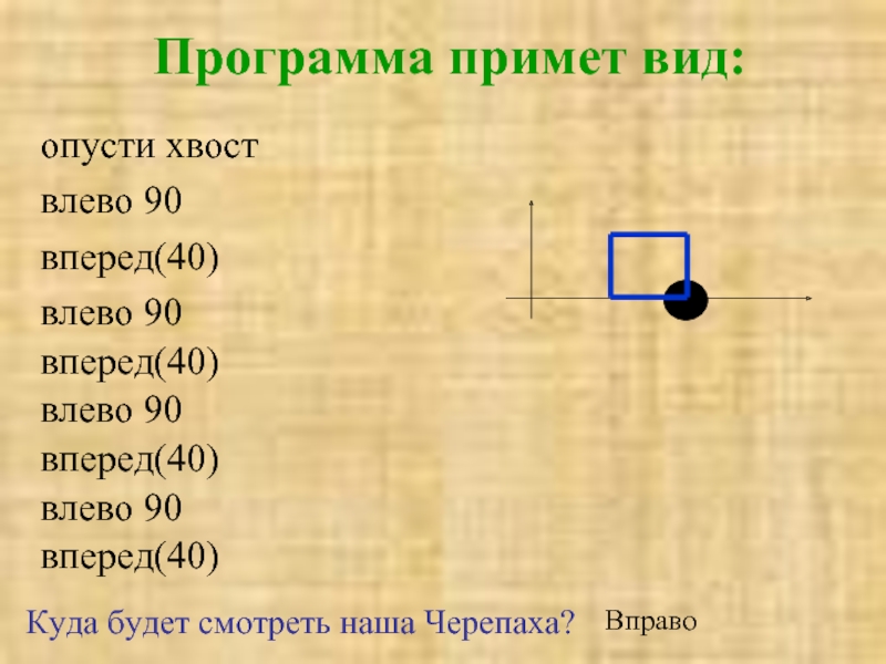 Влево вперед. Вперед влево. Черепаха вперед 40 вправо 90. Программа черепаха опустить хвост. Кумир опусти хвост.