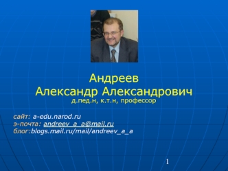 Андреев 
Александр Александрович
д.пед.н, к.т.н, профессор

сайт: a-edu.narod.ru 
э-почта: andreev_a_a@mail.ru
блог:blogs.mail.ru/mail/andreev_a_a