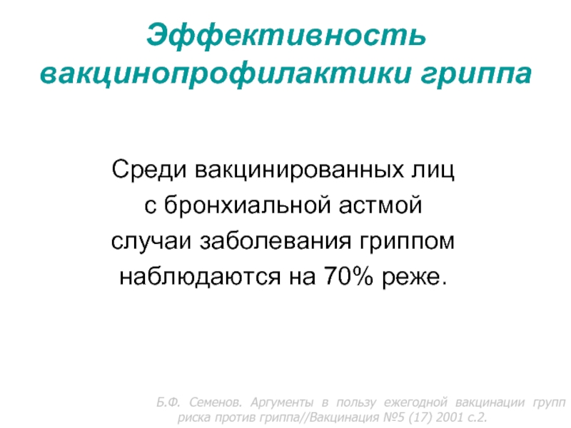 Эффективность вакцинопрофилактики гриппа Среди вакцинированных лиц с бронхиальной астмой случаи заболевания гриппом наблюдаются на 70%