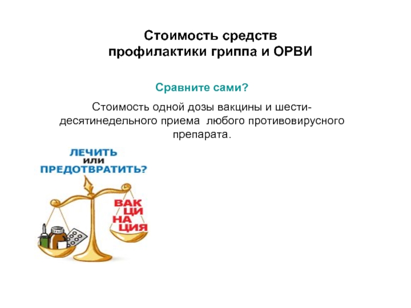 Стоимость средств профилактики гриппа и ОРВИСравните сами?Стоимость одной дозы вакцины и шести- десятинедельного приема любого