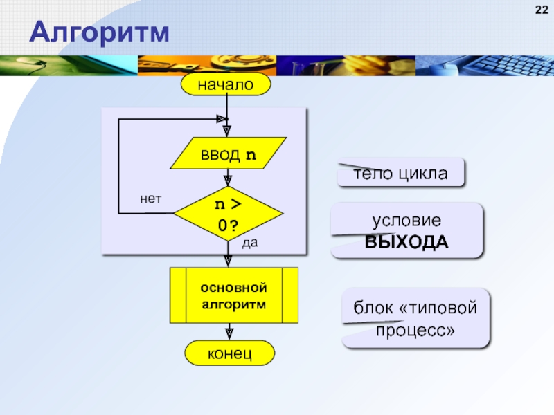 Алгоритм номер. Тело цикла в алгоритме. Типовые алгоритмы. Начало и конец алгоритма. Программирование алгоритмов циклической структуры.