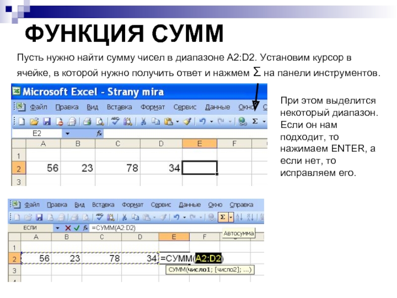 ФУНКЦИЯ СУММ Пусть нужно найти сумму чисел в диапазоне А2:D2. Установим курсор