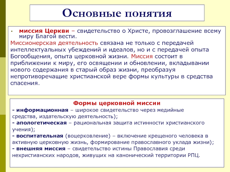 Понятие существенные. Миссия в христианстве. Миссия православной церкви. Понятие христианства. Основные понятия Православия.