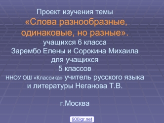 Проект изучения темы Слова разнообразные, одинаковые, но разные. учащихся 6 класса Зарембо Елены и Сорокина Михаила для учащихся 5 классовННОУ ОШ Классика учитель русского языка и литературы Неганова Т.В.г.Москва