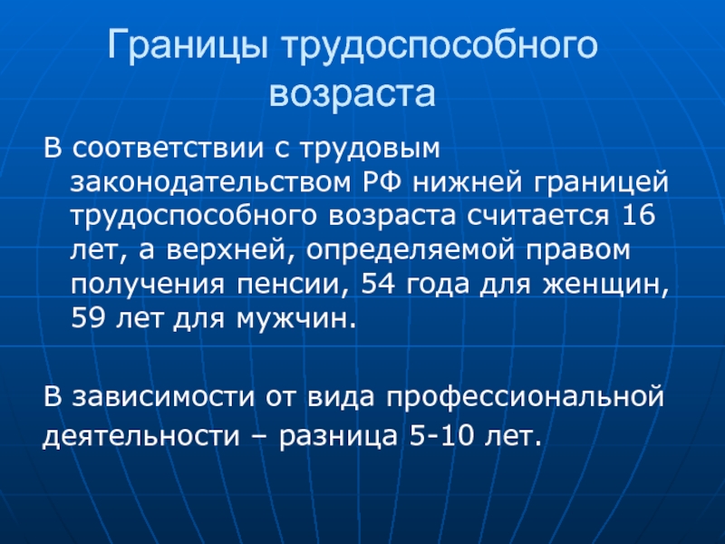 Трудоспособный возраст. Границы трудоспособного возраста. Нижняя граница трудоспособного возраста. Трудоспособный Возраст женщин в России. Границы трудоспособного возраста в России.