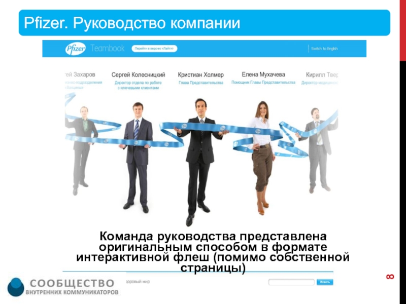 Команда руководства представлена оригинальным способом в формате интерактивной флеш (помимо собственной страницы)Pfizer. Руководство компании