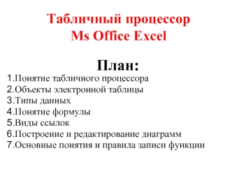 План:
Понятие табличного процессора
Объекты электронной таблицы
Типы данных
Понятие формулы
Виды ссылок
Построение и редактирование диаграмм
Основные понятия и правила записи функции