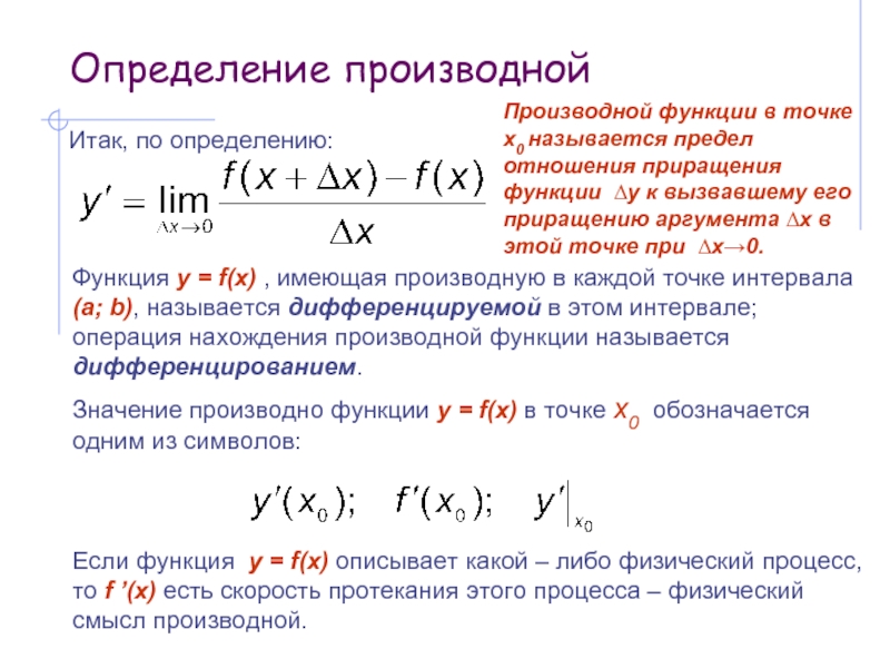 Определение производной функции. Операция нахождения производной функции. Операцию нахождения производной функции называют. Производной функции f x в точке x называется. Операцию отыскания производной некоторой функции называют.