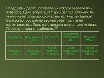 Перед вами десять разделов. В каждом разделе по 7 вопросов. Цена вопроса от 1 до 5 баллов. Сложность увеличивается пропорционально количеству баллов. Если на вопрос дан не верный ответ, баллы не засчитываются. Попытка ответа на вопрос только одна. Проверь