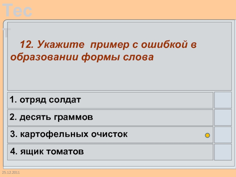 25.12.2011  12. Укажите пример с ошибкой в образовании формы слова