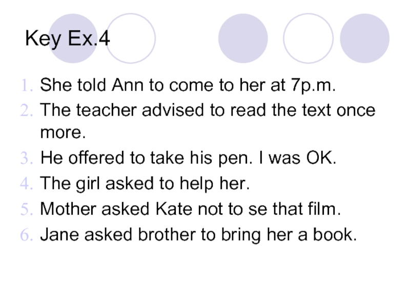 Key Ex.4She told Ann to come to her at 7p.m.The teacher advised