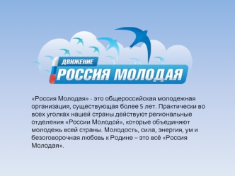 Россия Молодая - это общероссийская молодежная организация, существующая более 5 лет. Практически во всех уголках нашей страны действуют региональные отделения России Молодой, которые объединяют молодежь всей страны. Молодость, сила, энергия, ум и безогов