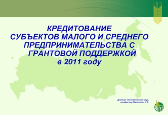 КРЕДИТОВАНИЕ   
СУБЪЕКТОВ МАЛОГО И СРЕДНЕГО
ПРЕДПРИНИМАТЕЛЬСТВА С  ГРАНТОВОЙ ПОДДЕРЖКОЙ 
в 2011 году




Доктор экономических наук, 
профессор Палаткин И.В.