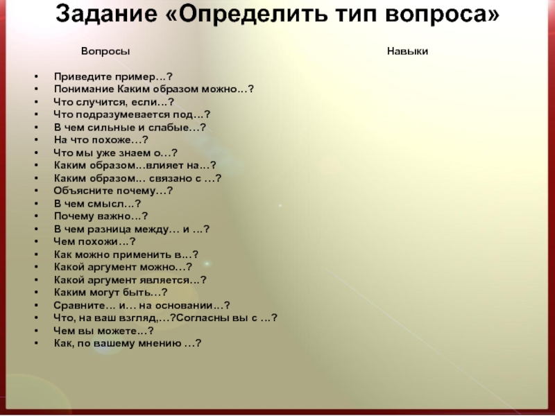 Ответ на вопрос каким образом. Вопрос на понимание примеры. Определите вид вопроса. Задание определите Тип вопроса. Задания на типы вопросов.